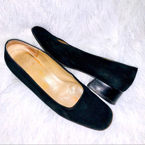 Salvatore Ferragamo Shoes - Ferragamo 8.5 AA Narrow Black Suede Low Block Heels Mary Jane Pumps